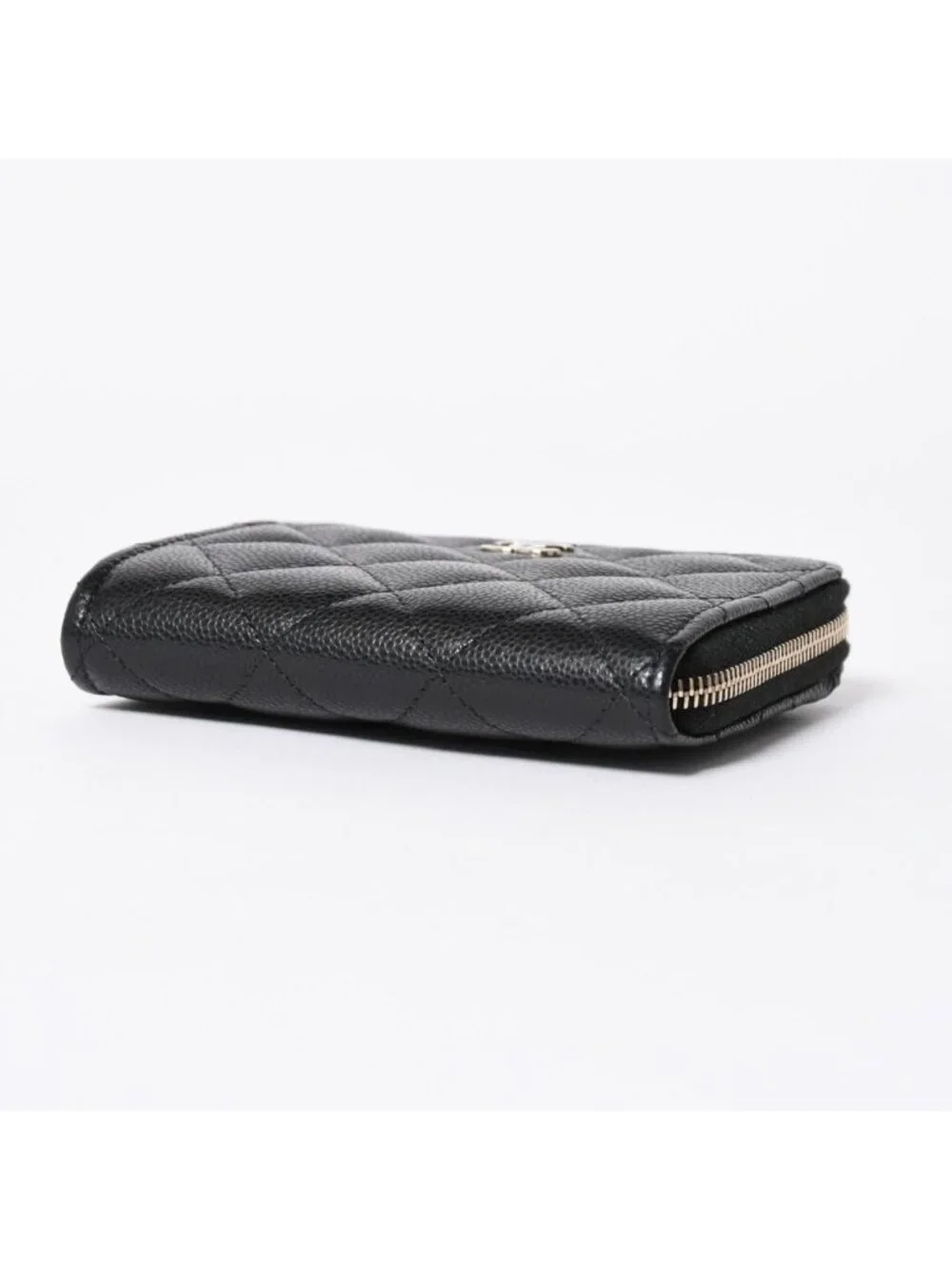 Chanel Quilted Compact Wallet Coin Purse Caviar Leather Black Gold